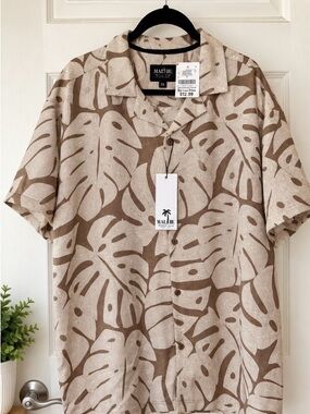 Malibu Brown and Cream Tropical Leaf Short-Sleeve Button-Up Shirt